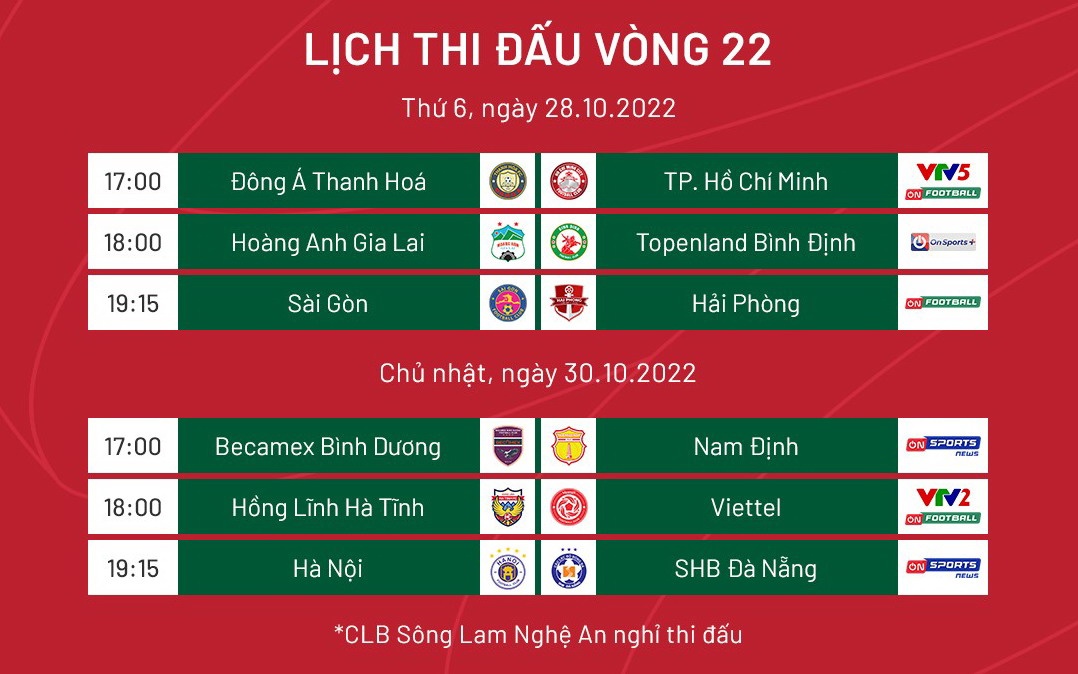 lịch thi đấu vòng 22 V-League, lịch thi đấu V-League vòng 22, Lịch thi đấu bóng đá, trực tiếp bóng đá, V-League 2022, lịch phát sóng V-League, lịch trực tiếp V-League