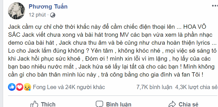 Jack, Jack K-ICM mâu thuẫn, Hoa vô sắc, jack lên tiếng, K-ICM, Jack K-ICM, sóng gió, youtube, jack, Jack KICM, Jack hoa vô sắc, Jack ốm, jack bị bệnh, jack Phương Tuấn