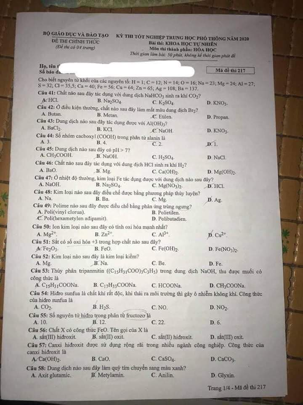 Đề thi hóa học, Đề thi hóa, Đề thi môn hóa, Đề thi hóa học thpt quốc gia 2020, Đề thi hóa học THPT Quốc gia năm 2020, Đề thi hóa học THPT Quốc gia, Đề thi môn hóa