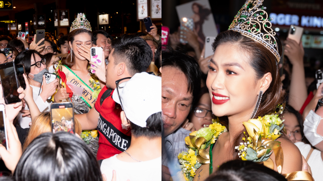 Hoa hậu Thiên Ân trở về nước sau Miss Grand International, bật khóc trong vòng tay người hâm mộ