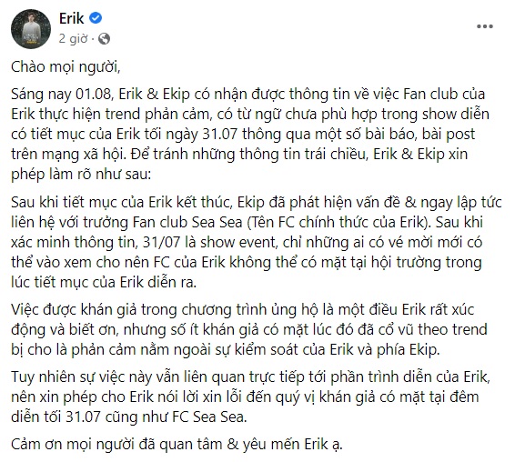 Erik, nam ca sĩ, Vbiz, showbiz, tiktok, tiktoker, Sea Sea, fanclub, fanclub của Erik, gia đình hoa dâm bụt, Hòa Minzy, Đức Phúc