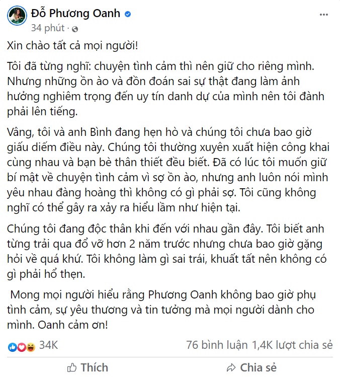 Trước ồn ào yêu đương với "shark" Bình, Phương Oanh đã chính thức lên tiếng.