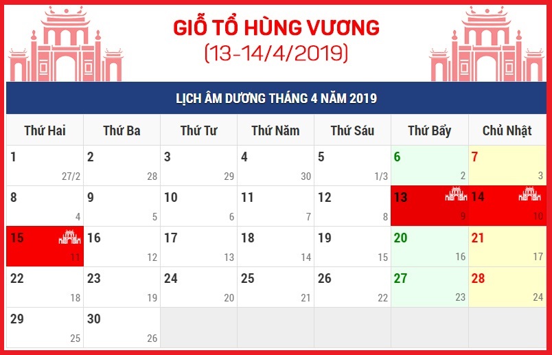 Lịch nghỉ Lễ Giỗ tổ Hùng Vương và Ngày Chiến thắng 30/4, 1/5