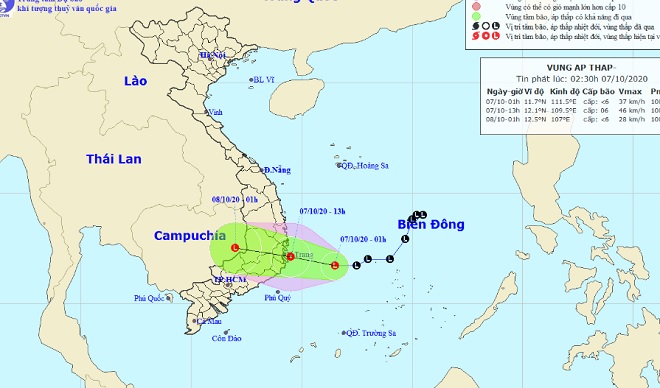 Vùng áp thấp đi vào vùng biển Phú Yên đến Khánh Hòa gây mưa lớn