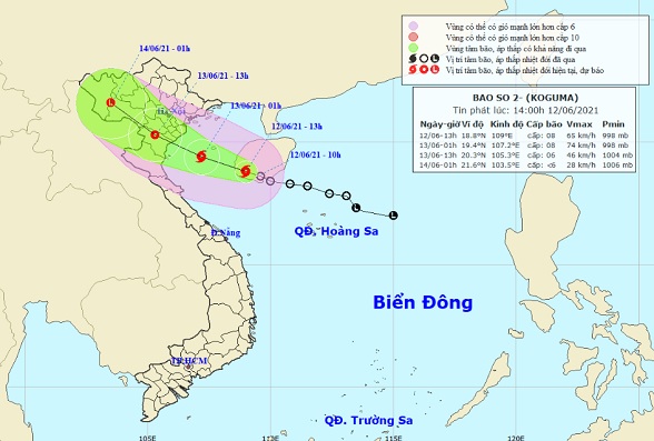 Vị trí hướng di chuyển của bão cập nhật lúc 14h ngày 12/6