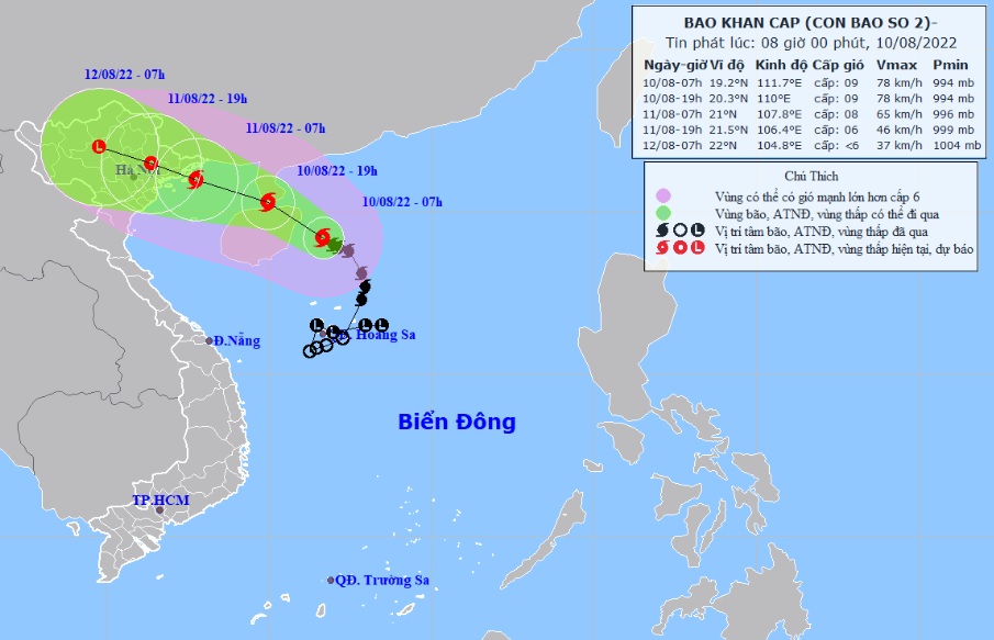 Cập nhật: Bão số 2 di chuyển xuống Vịnh Bắc Bộ có xu hướng suy yếu về cường độ