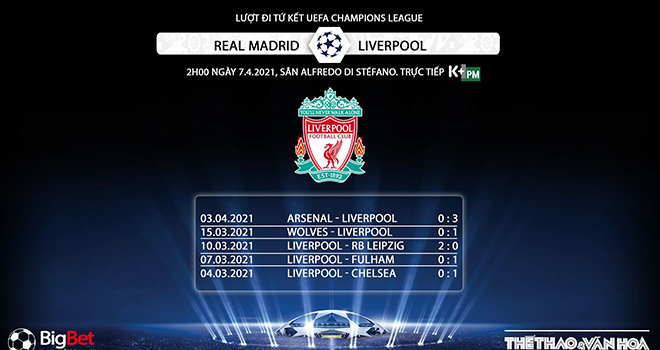 Trực tiếp bóng đá cúp C1: Real Madrid vs Liverpool. K+, K+PM. Trực tiếp Real Madrid vs Liverpool. Tứ kết lượt đi Cúp C1 châu Âu Champions League. Xem Real Madrid